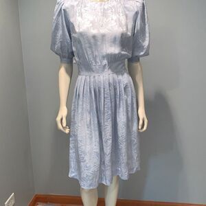 Vintage ARGENTI Women's 100% Silk Blue Jacquard‎ Floral Pleated Puff Sleeve Midi
